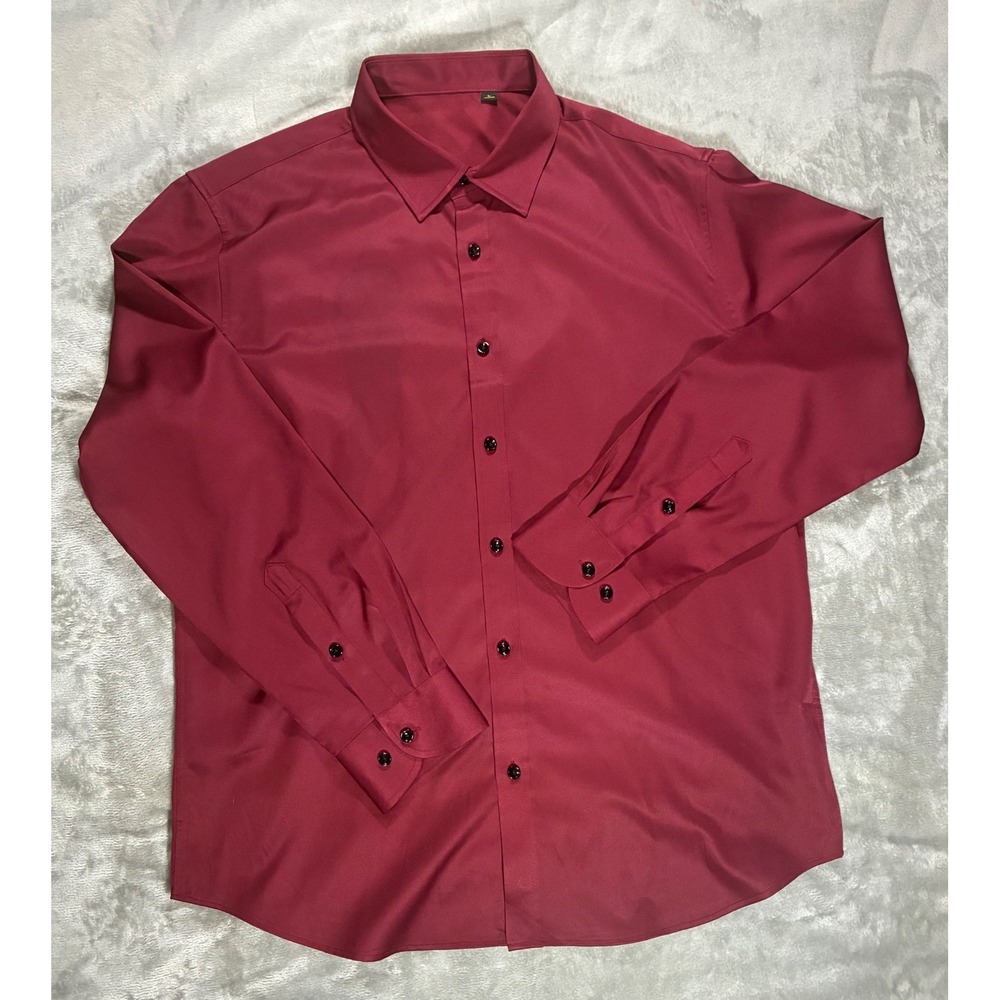 Burgundy Long Sleeve Button Down Dress Shirt Mens Large Solid Red Satin Finish